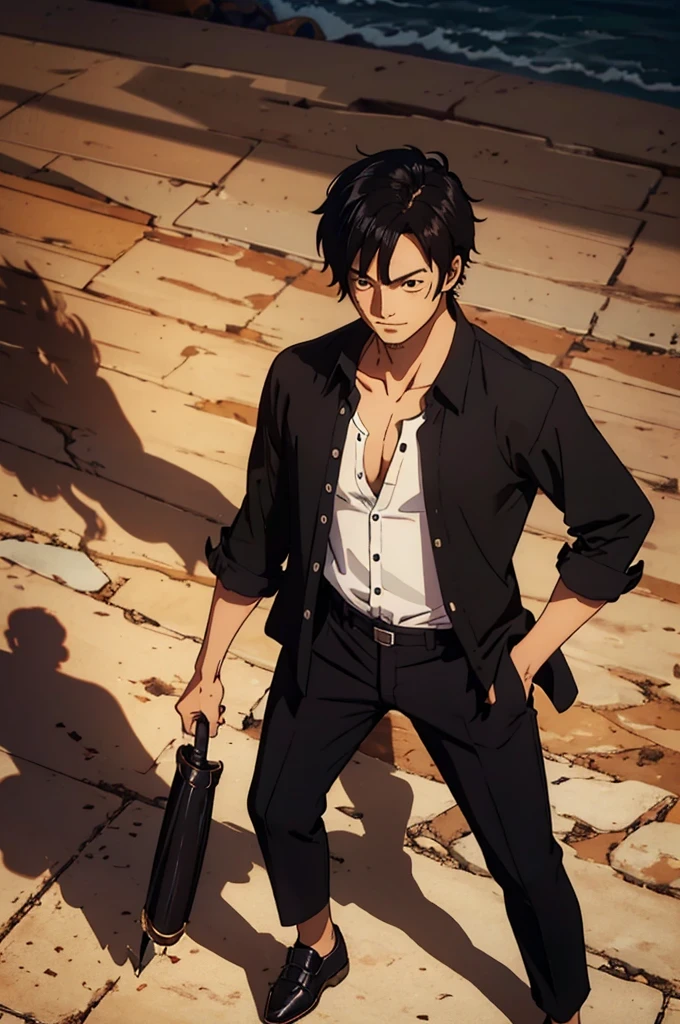 man 20 years old, big hair tied brown samurai style, brown oriental style eyes, expression of joy, skin fair, wearing black button down shirt, but with the first 3 shirt buttons loose, shirt not too tight and not too loose, semi-buttoned, black dress pants, black long toe shoes, posing man standing holding a medium cane with round crystal handle, art with light and shadow, tall and intelligent man
