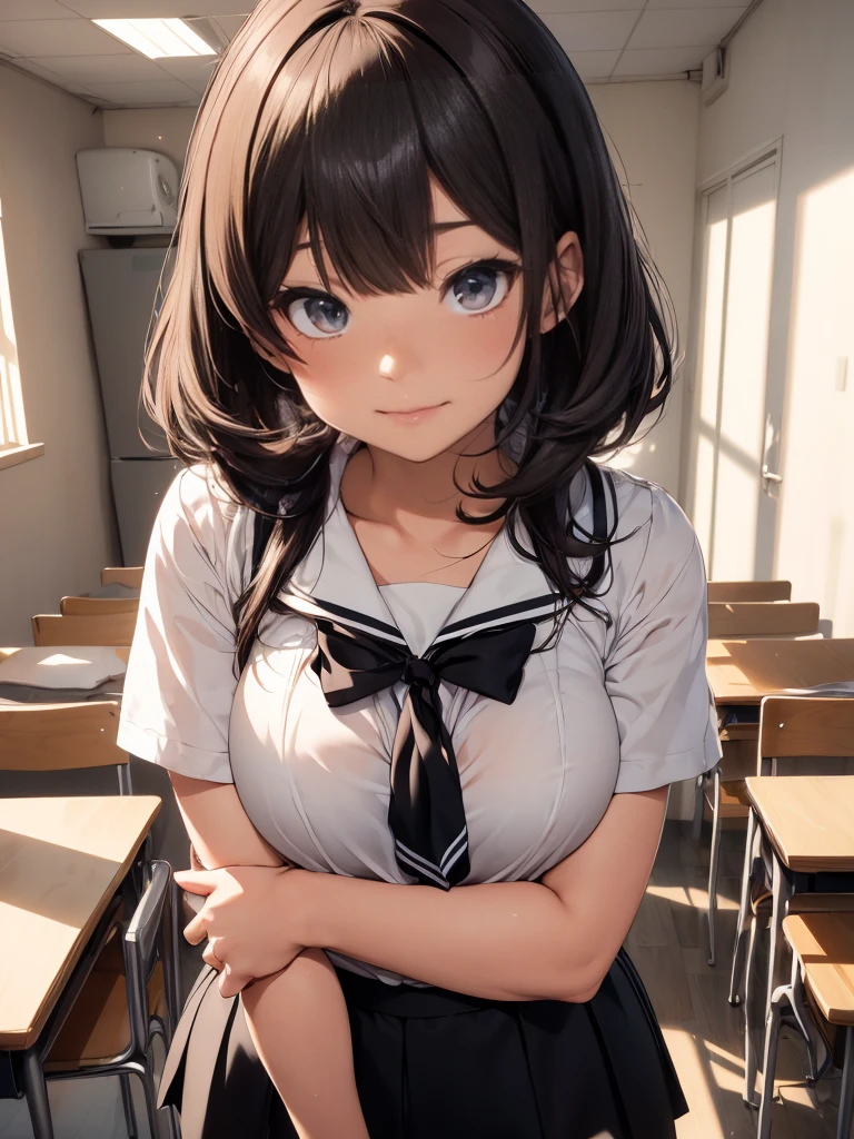 (Browsing Caution), One Girl, class room, Confused and tearful、Sweat、 shortsleeve serafuku, sailor collar, ,Color Hair Color, Small breasts、blush, bow, 赤いbow, Long sleeve, shirt, 襟付きのshirt, skirt, プリーツskirt, 黒いskirt, Small breasts, {{{Face close-up}}},Upper Body,,Pay attention to the panties,High quality underwear, Look down,View your audience, Panties as a gift, Her grey panties are wet in the center, Tabletop, Highest quality, , Absurd, Perfect Skin, Detailed skin texture, Super detailed, 8K, Intricate details, Beautifully detailed face,High resolution, {{{Shadowed face}}}, mock, {{{Through clenched teeth:1.2}}}, Grin, smile, 視聴者をLook down, masterpiece,Absurd, Beautiful details when viewed from the front