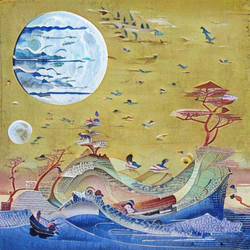 painting of a man on a surfboard in the ocean with a full moon, serene post-nuclear background, vaporwave surreal ocean, vaporwave ocean, inspired by Saitō Kiyoshi, ocean, japanese style painting, an ocean, inspired by Utagawa Hiroshige II, seaside, random background scene, inspired by Yoshitoshi Mori