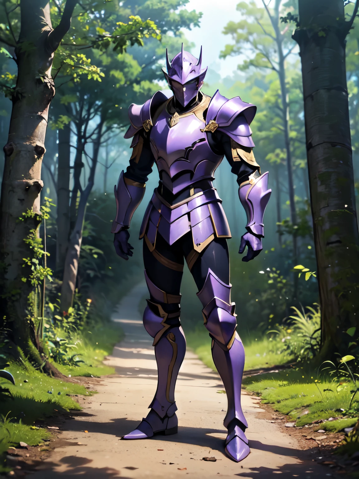 a fighter, Alone, pale purple light full armor, sharp armor, gold outlined, full body armor, purple gem inlay, Standing, in a forest in the background, anime screencap, full body shot, anime style, Masterpiece, The best quality, Very detailed, necessary, high resolution