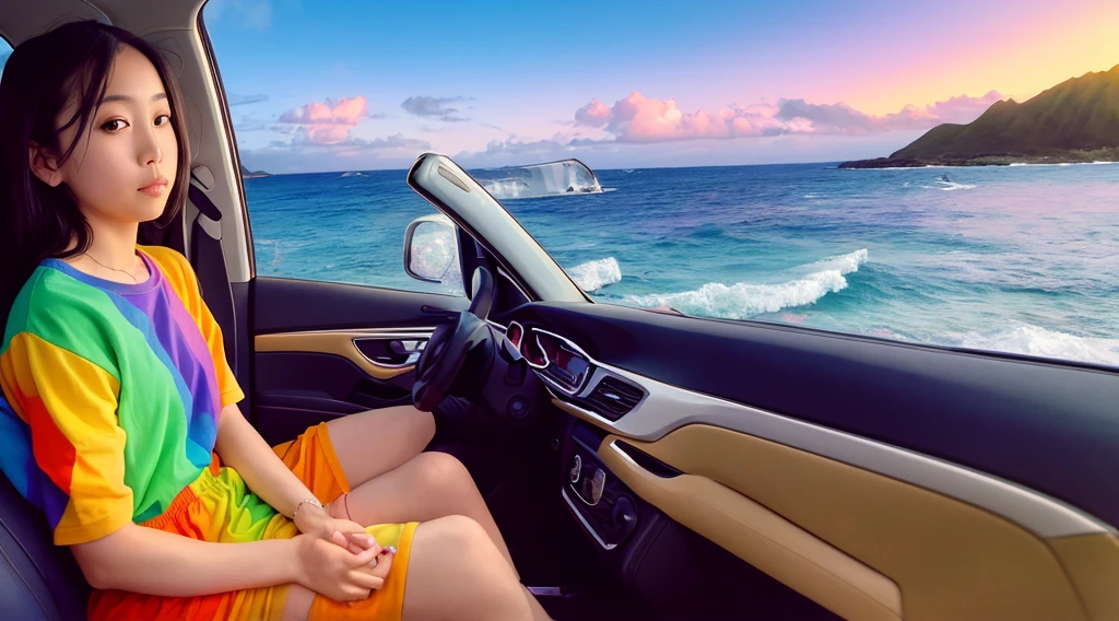 masterpiece, Highest quality, Rainbow Style, アニメ, Beautiful Asian Girl, Sitting in a car, Along the Hawaiian Coast, Cute and dreamy,アニメ,Illustrator,LOFI Girl, Blues,landscape,Sunset