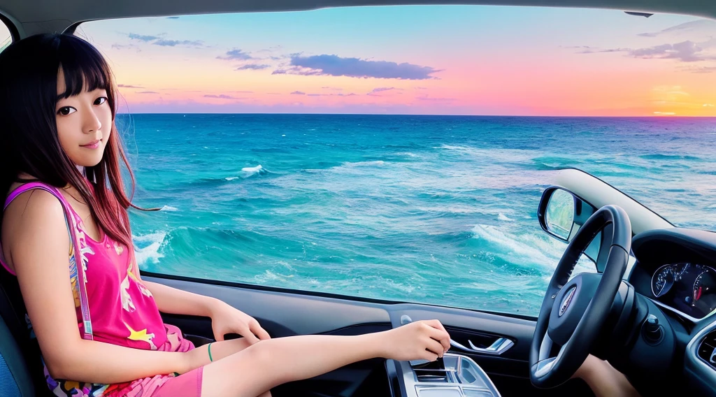 masterpiece, Highest quality, Rainbow Style, アニメ, Beautiful Asian Girl, Sitting in a car, Along the Hawaiian Coast, Cute and dreamy,アニメ,Illustrator,LOFI Girl, Blues,landscape,Sunset