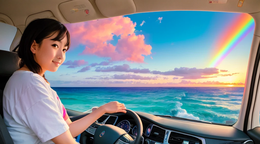 masterpiece, Highest quality, Rainbow Style, アニメ, Beautiful Asian Girl, Sitting in a car, Along the Hawaiian Coast, Cute and dreamy,アニメ,Illustrator,LOFI Girl, Blues,landscape,Sunset