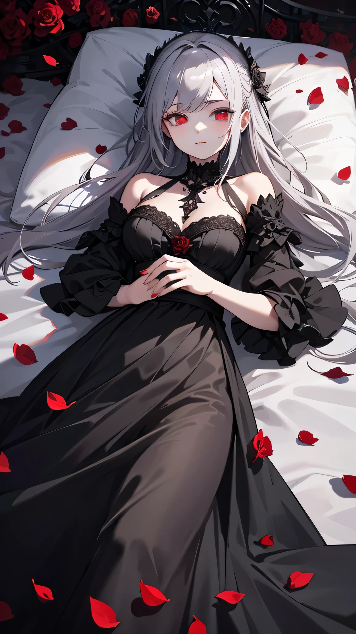 a beautiful young woman, 20 years old, with gray hair and red eyes, lying on a bed covered in black rose petals, a gothic atmosphere, wearing a white dress, black roses blooming all around, high quality, hyper detailed, masterpiece