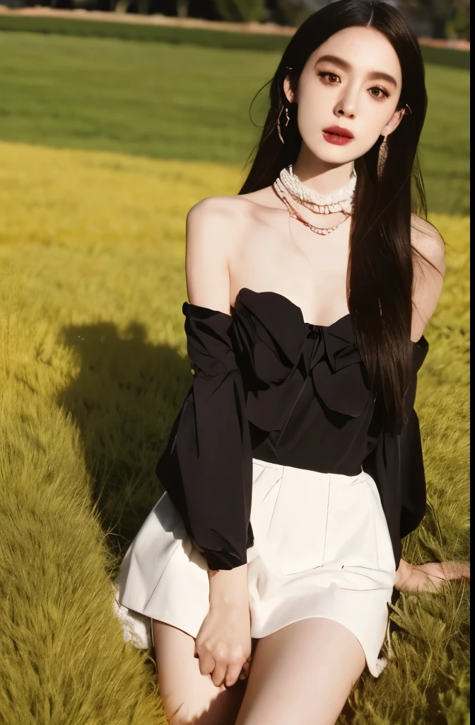 Beautiful woman with perfect body：1.4，Layered Hairstyle，Highly detailed face and skin textures，Double eyelids，Skin Whitening，Long hair，Whitened long legs，（Uniforms，Collar），Standing on the grass