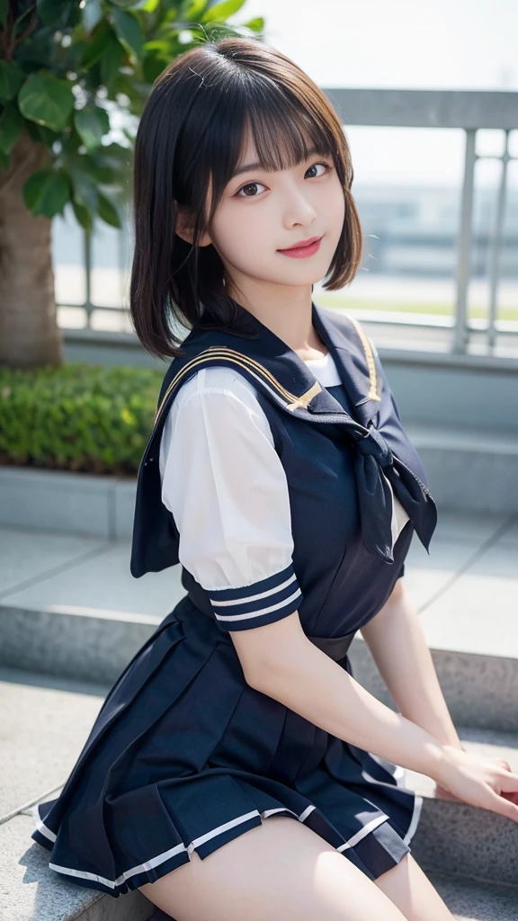 Black Hair、(School-designated sailor uniform:1.3)、short hair、hair accessory、Laugh a little、See-through、High-quality panties available、(Highest quality,masterpiece:1.3,Ultra-high resolution,),(Ultra-detailed,Caustics),(Photorealistic:1.4,RAW shooting,)Ultra-Realistic Capture,Very detailed,High resolution 16K human skin closeup。 The skin texture is natural、Detailed face and eyes、Sit on the stairy hair sways in the wind、