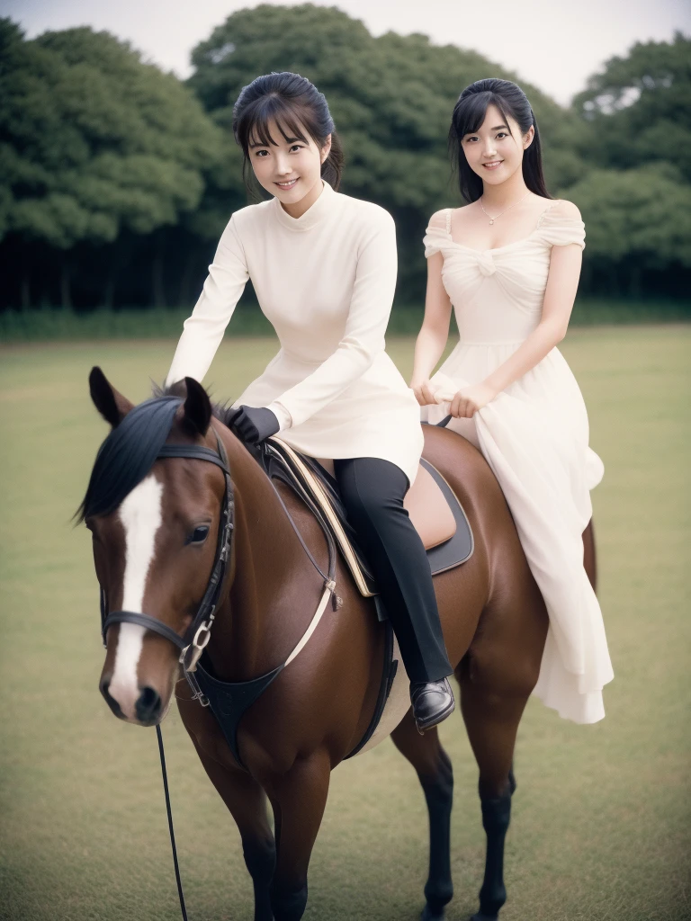 Polaroid photo taken in 1990, Teenage Japanese princess riding a horse at a ranch, Full body image of Japanese Teenage Princess, Elegant upper-class elite secretary, facing the camera,  Elegant smiles, light makeup,  Beautifully trimmed black hair, white skin, Wear a tight dress, out of focus, 16k, realistic