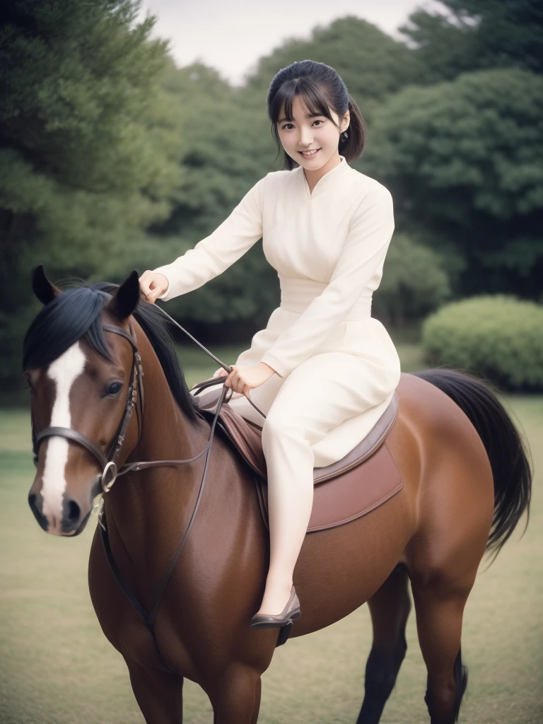 Polaroid photo taken in 1990, Teenage Japanese princess riding a horse at a ranch, Full body image of Japanese Teenage Princess, Elegant upper-class elite secretary, facing the camera, Elegant smiles, light makeup, Beautifully trimmed black hair, white skin, Wear a tight dress, out of focus, 16k, realistic