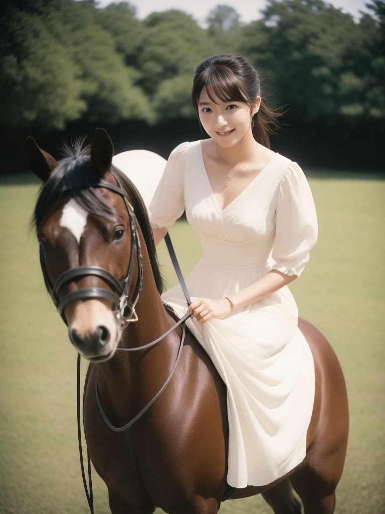 Polaroid photo taken in 1990, age Japanese princess riding a horse at a ranch, Full body image of Japanese TeenPrincess, Elegant upper-class elite secretary, facing the camera, Elegant smiles, light makeup, Beautifully trimmed black hair, white skin, Wear a tight dress, out of focus, 16k, realistic