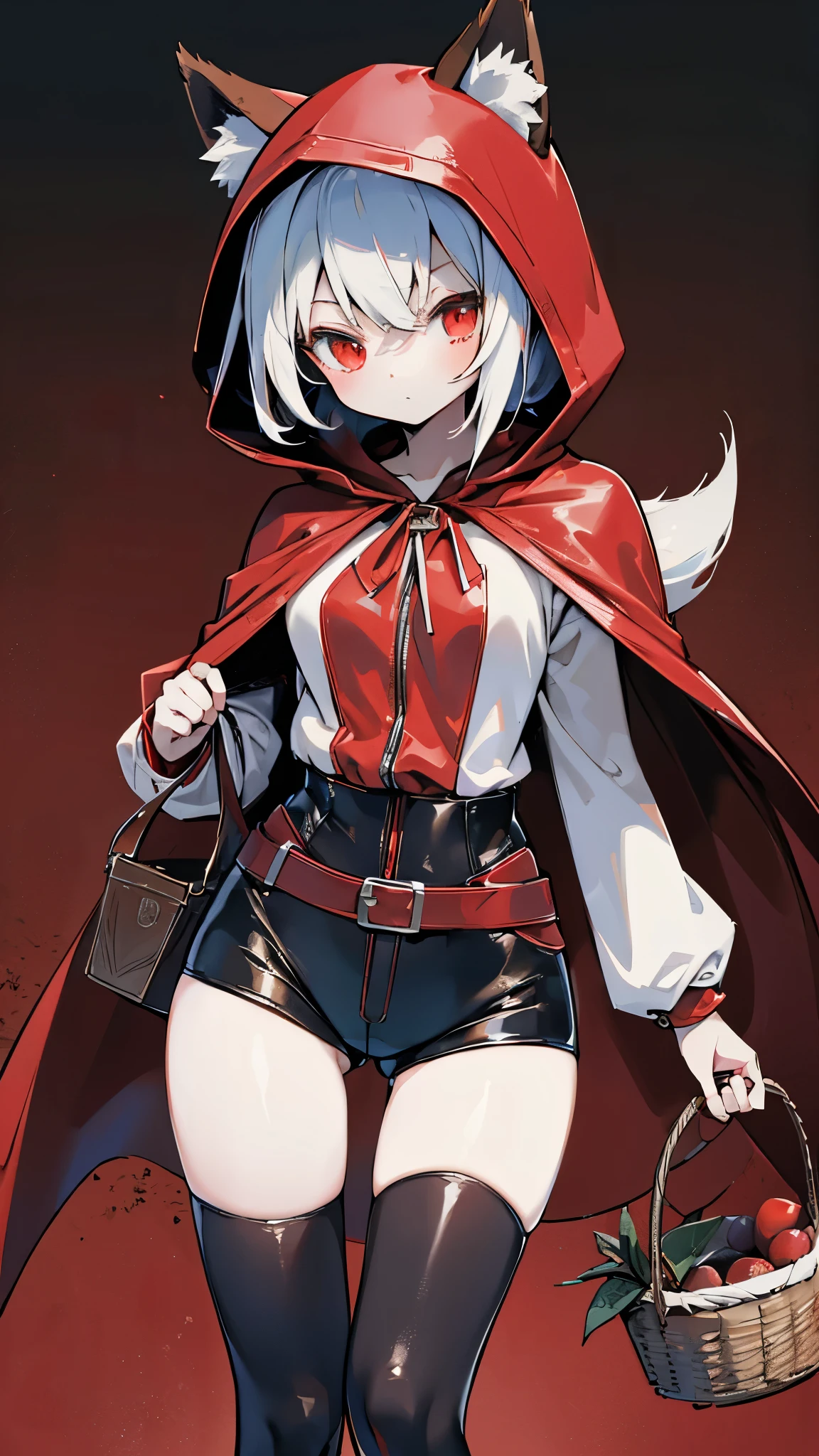 grace,Cool girl,Handsome girl,little Red Riding Hood,Red Cape,Red hood斗篷,Forest Background,Forest Background,Hooded girl with a basket,Wave Girl,Wolf Ear Girl,Wolf Ear Hood,Red hood,Close-up above the waist,Tight leather jacket,hunter style,Tights,Tight leather pants,Tight shorts