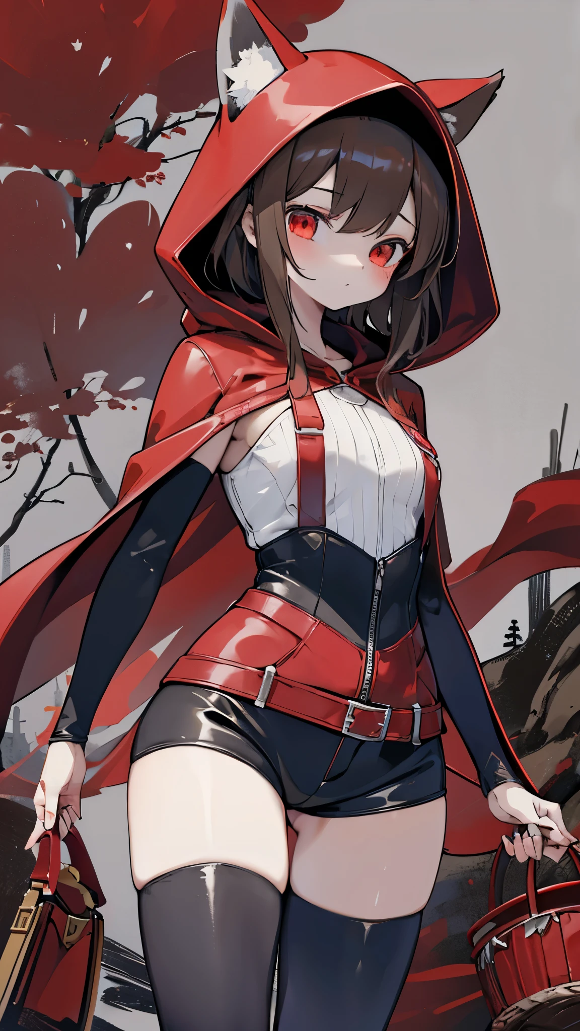 grace，Cool girl，Handsome girl，little Red Riding Hood，Red Cape，Red hood斗篷，Forest Background，Forest Background，Hooded girl with a basket，Wave Girl，Wolf Ear Girl，Wolf Ear Hood，Red hood，Close-up above the waist，Tight leather jacket，hunter style，Tights，Tight leather pants，Tight shorts