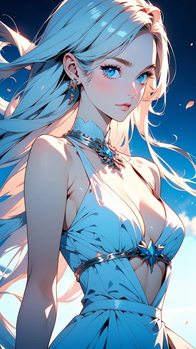 (masterpiece),((Highly detailed long silver hair)),((expressive blue eyes)),Highly detailed white dress,deep cleavage,serious expression,extremely beautiful woman, pale white skin,silver jewelry,best quality,cel shading,etherial light,masterpiece, 8K HD,highly detaild face, highly detaild eyes,flat color, fantasy style,light particles,fullbody view,high contrast,wide angle,ufotable art style