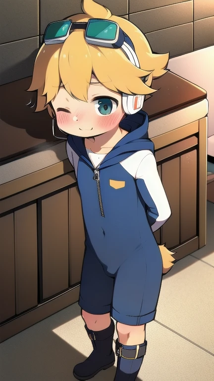 2D Boy Shota,One-piece mountaineering suit,Slim, healthy body,Put the headphones on your head,stand up,goggles,Rabbit ears,happy,Sailor collar,tie,Zipper pulled down,boots,hood,shy,blush,dormitory