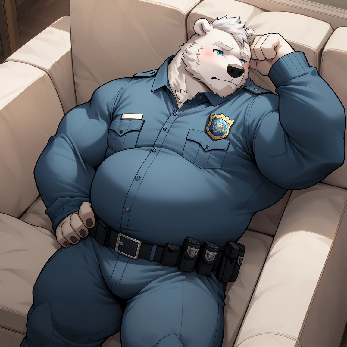masterpiece, best quality, 8k resolution, Very detailed, hairy，(((polar bear))，(((Mature)))，(((beard))),(((fat)))，(((White hair all over body)))，(((portrait)))，(((White hair)))，(((tired)))，For the audience，(((Police Uniform))),(((Lying on the sofa)))，(((Tired)))，Highest quality scene，(((whole body)))，((( Blue Eyes))),(((Legs apart)))，(((Fat-enclosed muscle)))，(((Round face)))，(((alone)))，(((Strong body)))，(((Hip bulge)))，(((Long-sleeved)))