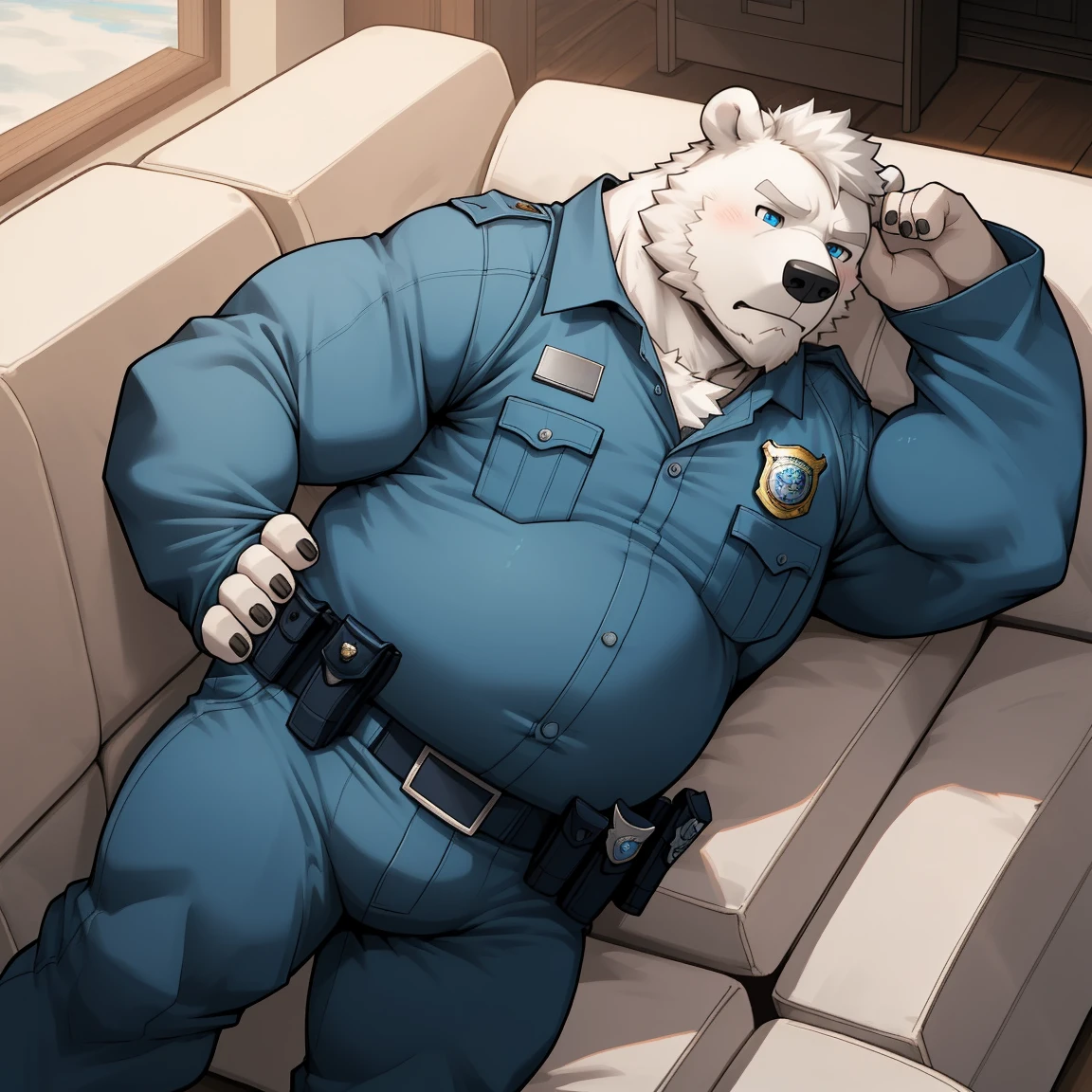 masterpiece, best quality, 8k resolution, Very detailed, hairy,(((polar bear)),(((Mature))),(((beard))),(((fat))),(((White hair all over body))),(((portrait))),(((White hair))),(((tired))),For the audience,(((Police Uniform))),(((Lying on the sofa))),(((Tired))),Highest quality scene,(((whole body))),((( Blue Eyes))),(((Legs apart))),(((Fat-enclosed muscle))),(((Round face))),(((alone))),(((Strong body))),(((Hip bulge))),(((Long-sleeved)))