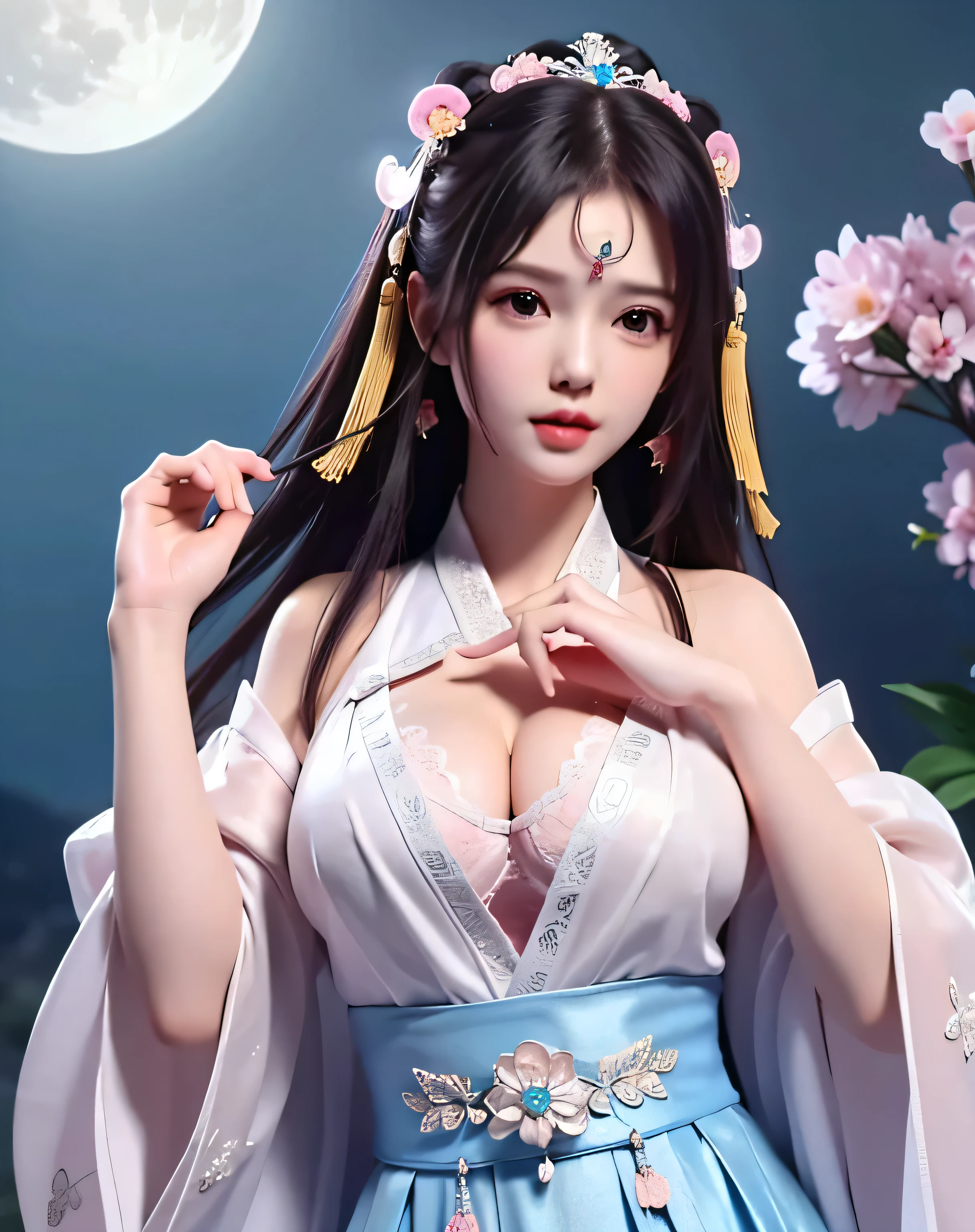 (8k, RAW photo:1.2), best quality, ultra high res,dramatic angle,(fluttered detailed color splashs), (illustration),(((1 girl))),(long hair),(rain:0.9), (Headdress:1.4),There is an ancient palace beside the girl,Hanfu,(Key Points),Color ink painting,(Splash of Color),Splash of Color,(((colorful))),(sketch:0.8) , Masterpiece, best quality, beautiful painted, highly detailed,(denoising:0.6),[splash ink],((ink refraction)), (beautiful detailed sky),moon,highly,detaild,(masterpiece, best quality, extremely detailed） CG Unity 8k Wallpaper，masterpiece，best quality，Ultra Detailed），（Lycoris）. hanfu open v   open V-chested clothes Thin silk lace dress , (huge ，cleavage),, white pink, blue ，best qualtiy，tmasterpiece，Ultra-high resolution，（Reality：1.4），RAW photogr，（True skin texture：1.3），（filmgrain：1.3），（Selfie angle），1个Giant Breast Girl，Beautiful eye and face details，tmasterpiece，Best quality at best，，The chest more exposed， detailed hair, bra pink , detail 8k, full body, lace petticoat, fan handle