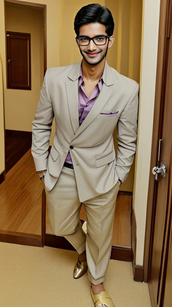 Tall fair indian college handsome boy wearing formal shirt pant, formal shoes, wearing specs. He has a decent smile on his face.