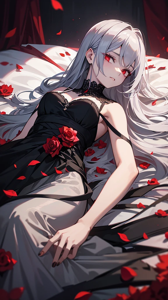 a beautiful young woman, 20 years old, with gray hair and red eyes, lying on a bed covered in black rose petals, a gothic atmosphere, wearing a white dress, black roses blooming all around, high quality, hyper detailed, masterpiece