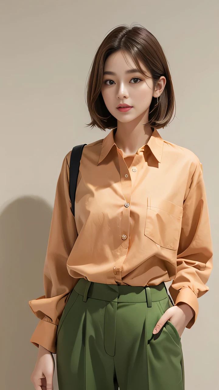 She is short, Brown hair and hazel eyes. She wore a simple salmon colored button down shirt and green pants.. spark; flash