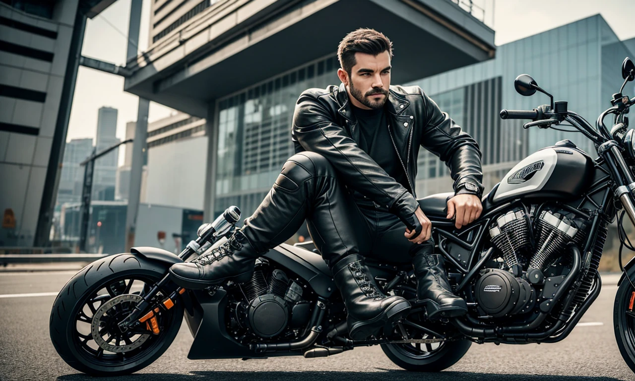 Man wearing black racing boots sitting next to heavy motorcycle