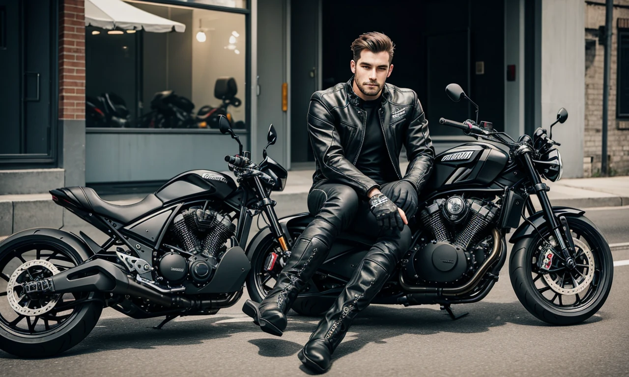 Man wearing black racing boots sitting next to heavy motorcycle