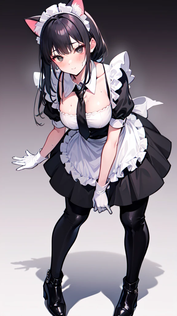 1girl,black hair,light blue eyes,blackdress,pov,Embarrassed,big ,maidapron,(White mob cap),puffy_ves,maid_apron, belt,thighhighs,masterpiece, best quality, very aesthetic, absurdres,(dress lift:1.5),(straight-on)