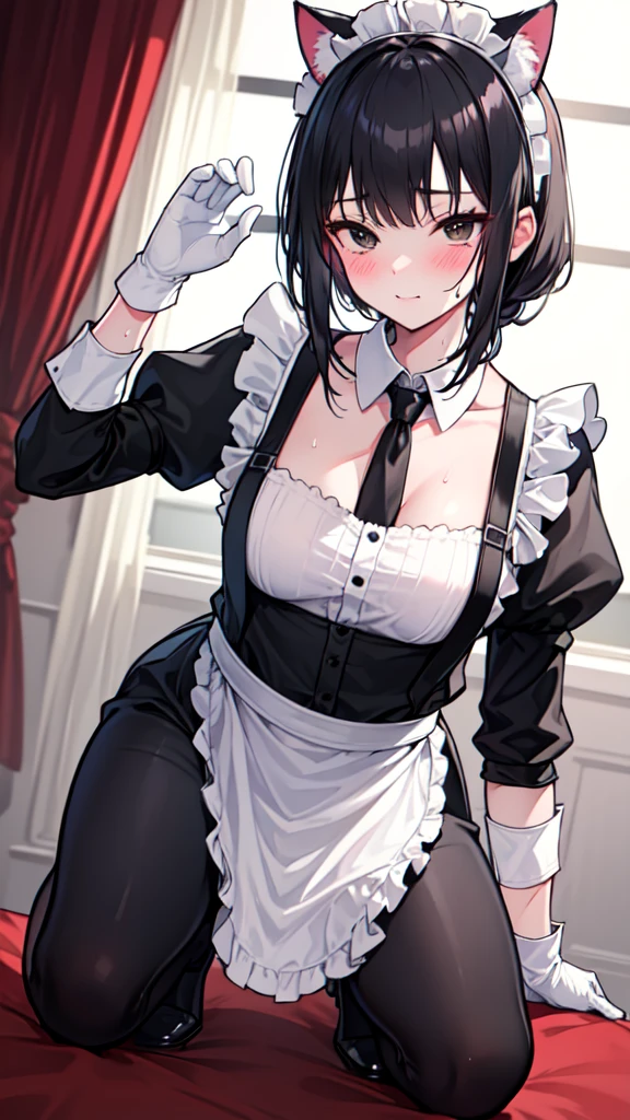 highest quality、masterpiece、((1 girl))、((smile))、(blush:1.3)、Black Shirt、blouse、((fun!!))、(Small breasts)、(single braid)、()、()、((White apron:1.5))、((Maid))、((hair ornaments)),、Kamimei、look at me、 ((in house:1.5))、 Taking a break from watching the audience、Cowboy Shot、(skirt lift:1.3),(Highly detailed white panties:1.3)、(Highly detailed panties:1.3)、、(スカート that rolls up:1.3)、(Panties fully exposed:1.5)、