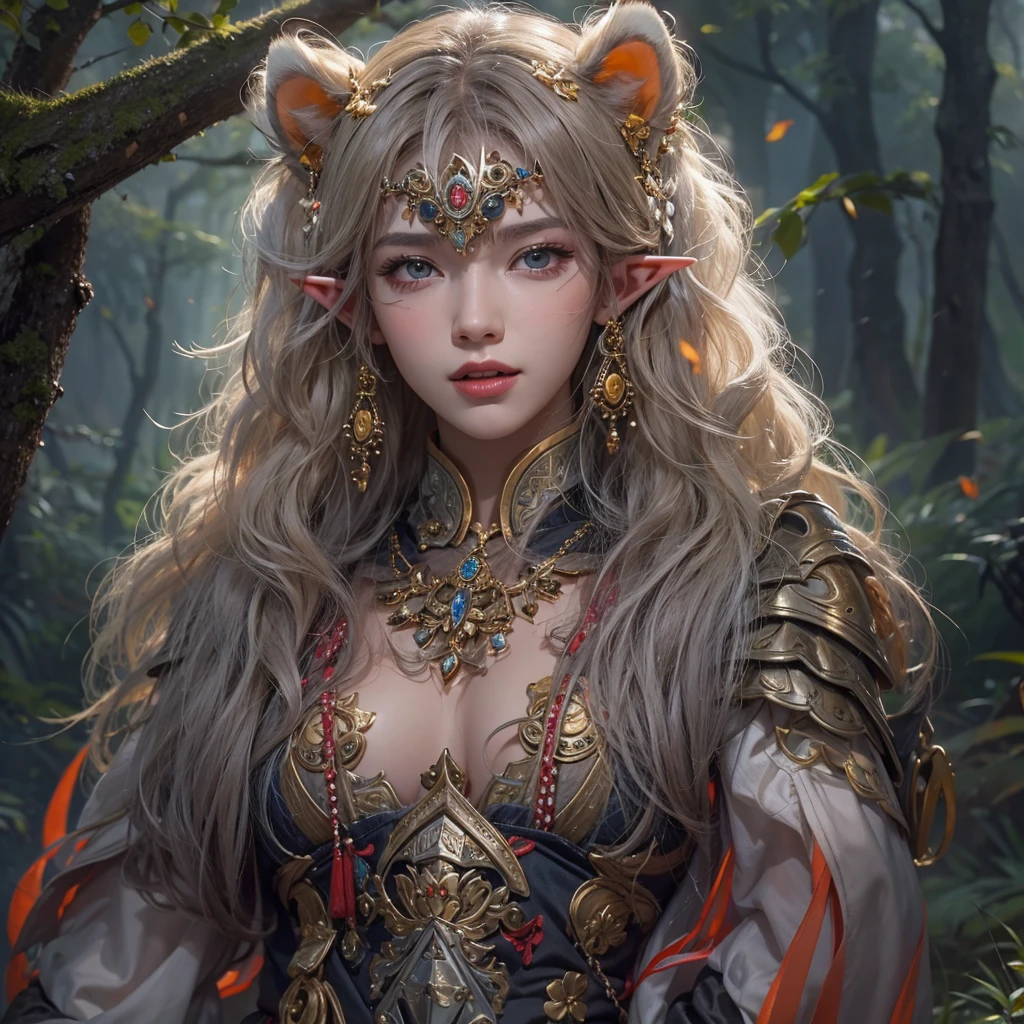 Hair flow、 ((Highest quality、masterpiece、8K、Best image quality、Ultra-high resolution、Award-winning works)、(Accurate anatomy:1.1)、(Look at me and smile:1.1)、Shining fair skin with Ultra-high resolution、The most detailed face、Ultra-high resolution detailed face、Ultra-high resolutionのblond hair、(Ultra-high resolution eye:1.1)、Beautiful face drawn in every detail、Georgian traditional costume , Chest to chest,  Strange atmosphere, Next to him stands a real sabre-toothed tiger, Dark Light, in the forest , Heavy makeup、Elf Ears、