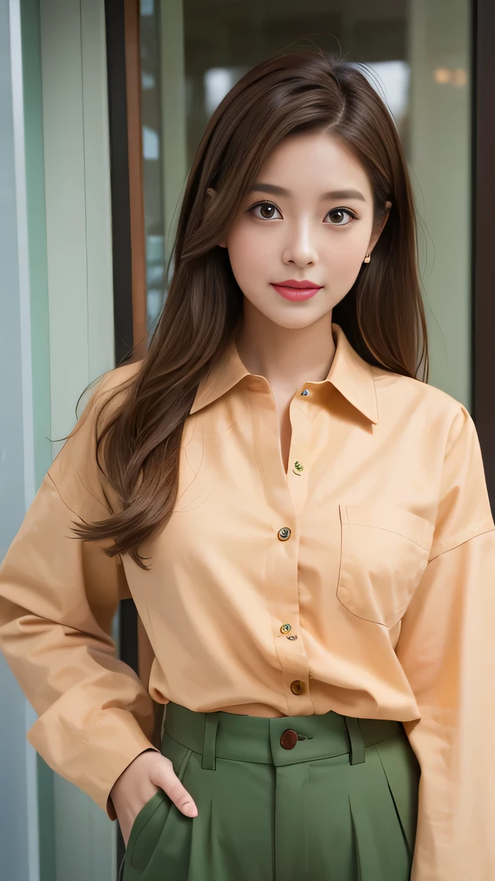 She is short, Brown hair and hazel eyes. She wore a simple salmon colored button down shirt and green pants.. spark; flash