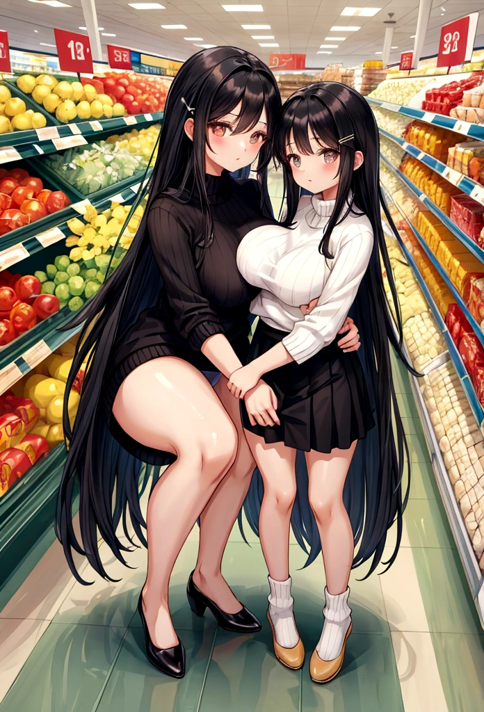 Beauty mother-in-law　Height difference　shopping　Supermarket　Black Hair　Straight long hair　hairpin　White knitted sweater　Mother and daughter have beautiful breasts　mini skirt　squat　White panties