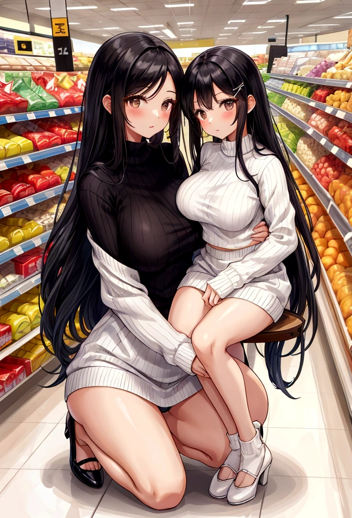 Beauty mother-in-law Height difference shopping Supermarket Black Hair Straight long hair hairpin White knitted sweater Mother and daughter have beautiful breasts mini skirt squat White panties
