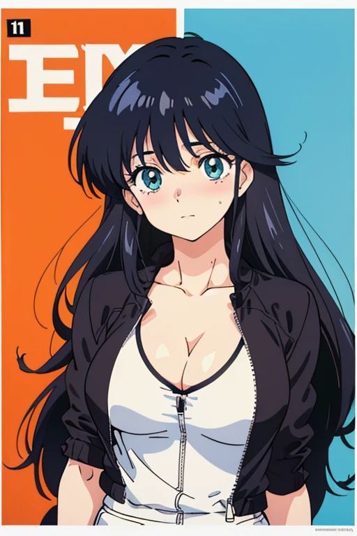 (masutepiece, Best Quality, High resolution:1.5, anime colours, megami magazine:1.2, anime poster style, anime keyvisual, sharp, 8k, photorealistic), (beautiful detailed eyes:1.5, beautiful detailed face:1.2), madoka ayukawa, 1girl, blush, (black hair, Long Hair), (sagging large breasts), cleavage, (biker clothes), upper body, (Perfect detailed Anatomy, beautiful detailed hair, beautiful detailed body:1.2, shiny skin), (thick outline, Beautiful outlines, black outlines), simple background