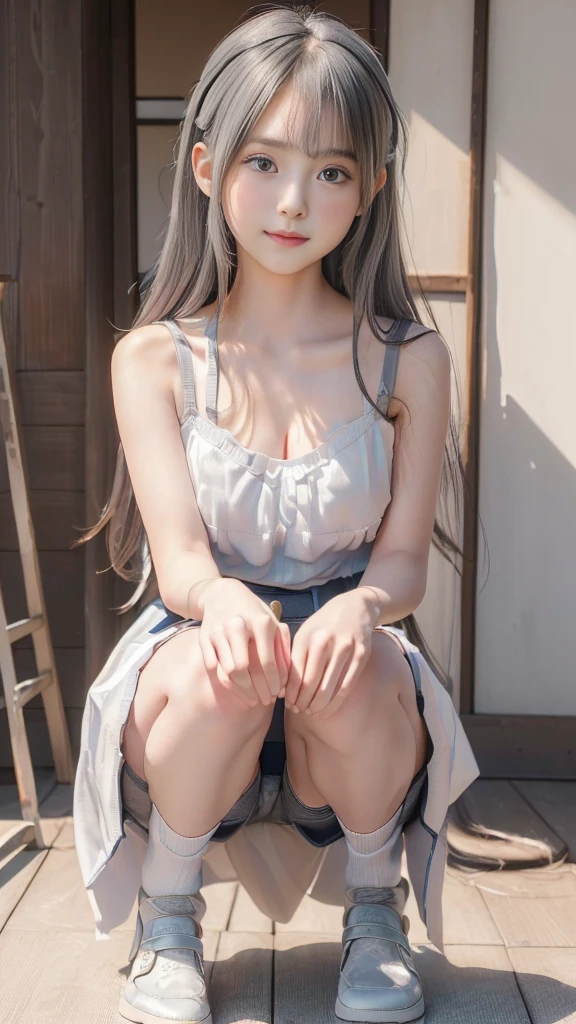 Kneeling Japanese girl, Girl is crouching, beautiful girls squatting, Seductive girls, Surreal , Attractive girl, Surreal, ((Cute face, Idol Face)), Anime Best Girl, Young girl, cute girl, ((Japanese beautiful girl:1.2, , Baby Face:1. (Naughty Style), belt, socks, loafers, See-through, ((Sexy grey underwear is visible:1.2)), ((Very embarrassed look:1.3, blush)), (Highest quality, 8K, masterpiece:1.2, RAW Photos), ((Detailed eyes and face, Professional photography techniques, Cinema Lighting))