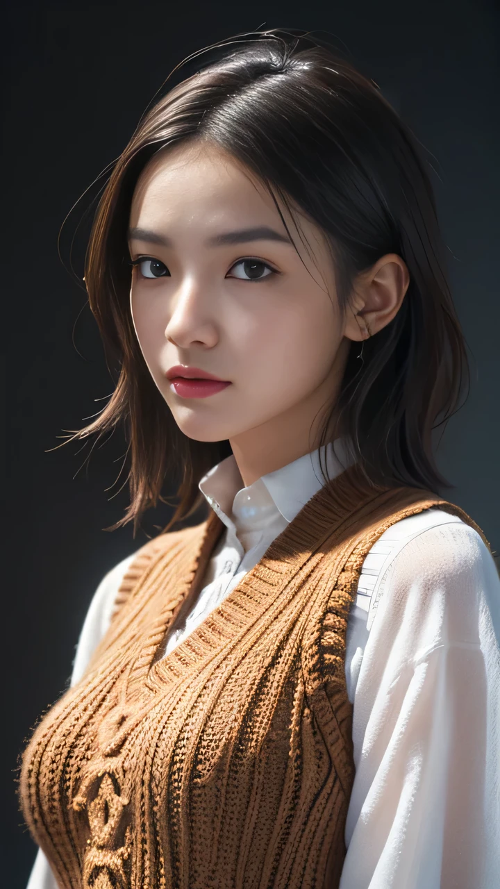 1 Girl, Miss, masterpiece, best quality, best quality, light, (Volumetric Lighting), Extremely detailed CG unity 8k wallpaper, Focus, 8k wallpaper, Extremely detailed, Surreal, Reality, Clear focus, absurd, (Human Development Report:1.3), (High contrast), photo, Detailed and complex, Instagram, portrait, Very detailed, number, Art Station, Concept Art, Smooth, Clear focus, illustration, Large Breasts, Wear a knitted vest.