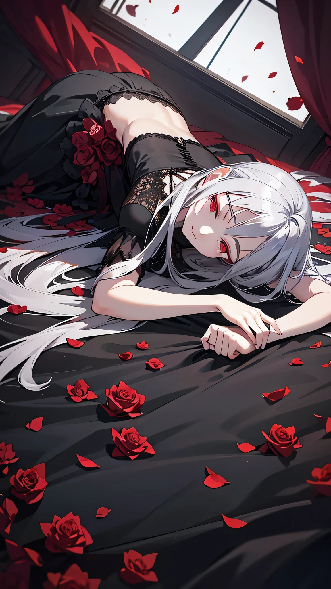 a beautiful young woman, 20 years old, with gray hair and red eyes, lying on a bed covered in black rose petals, a gothic atmosphere, wearing a white dress, black roses blooming all around, high quality, hyper detailed, masterpiece