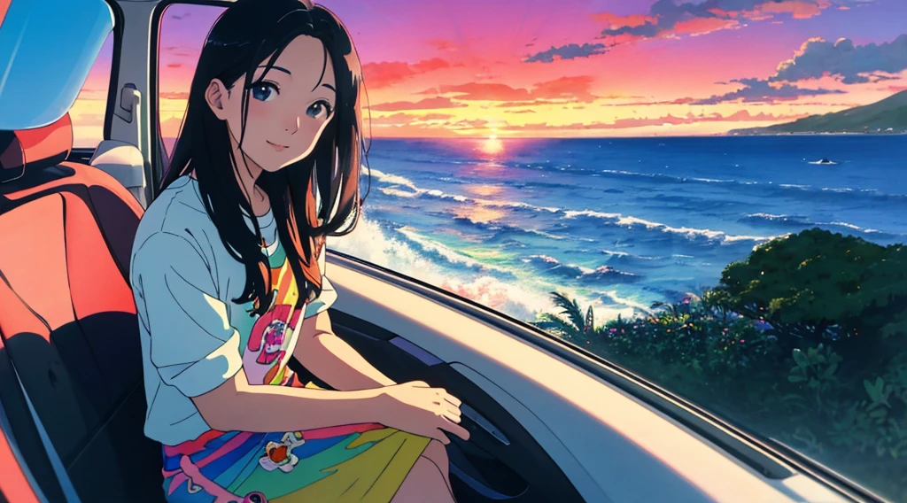 masterpiece, Highest quality, Rainbow Style, アニメ, Beautiful Asian Girl, Sitting in a car, Along the Hawaiian Coast, Cute and dreamy,アニメ,Illustrator,LOFI Girl, Blues,landscape,Sunset
