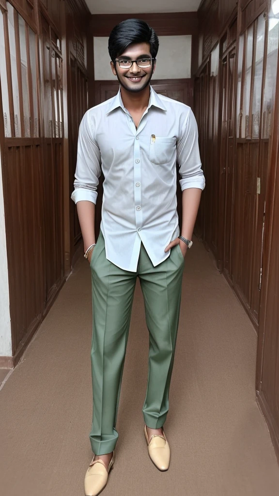Tall fair indian college handsome boy wearing formal shirt pant, formal shoes, wearing specs. He has a decent smile on his face.  