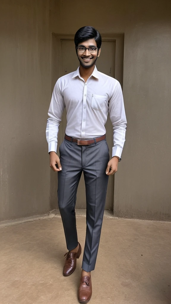 Tall fair indian college handsome boy wearing formal shirt pant, formal shoes, wearing specs. He has a decent smile on his face.