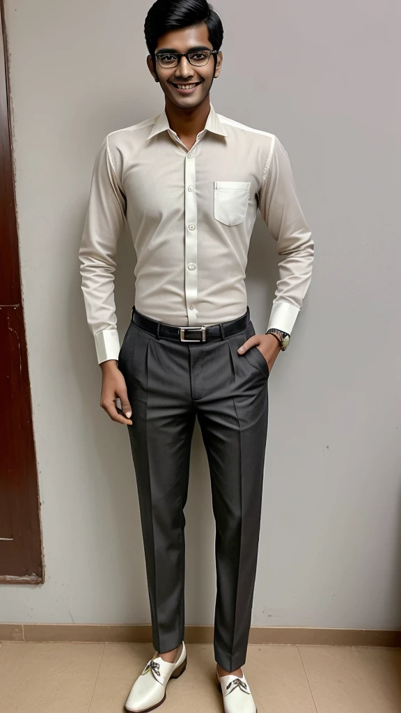 Tall fair indian college handsome boy wearing formal shirt pant, formal shoes, wearing specs. He has a decent smile on his face.