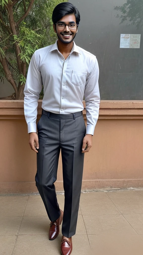 Tall fair indian college handsome boy wearing formal shirt pant, formal shoes, wearing specs. He has a decent smile on his face.