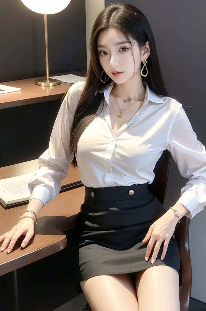 (((actual photography))),, portrait, Korean，(arrogant的臉:1.3),, 1 Girl，beautiful girl, arrogant,Sit in a large class chair，Domineering posture，Write carefully on the table , (Necklace，earrings，Bracelet:1.1), Buttoned shirt and hip skirt,miniskirt , (cleavage:0.3),, In the CEO&#39;s Office, (environmental details:1.3),, (original photo, CG Unity, photography, ultra actual details, sharp focus, Delicate skin,4K, High resolution, masterpiece, best quality, actual, energetic:1.2),, (8K,4K, Ultra high quality, High resolution, professional, Movie般的, Movie, Dramatic),Reasonable posture, Detailed office background