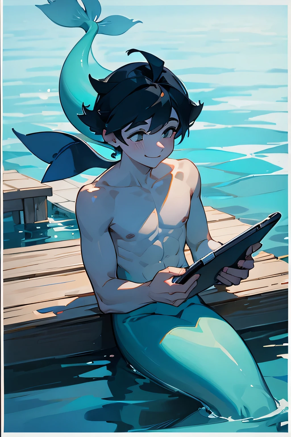 A merman on the edge of a dock with a dark blue tail and black hair, looking down and playing an tablet and looking happy. close up
