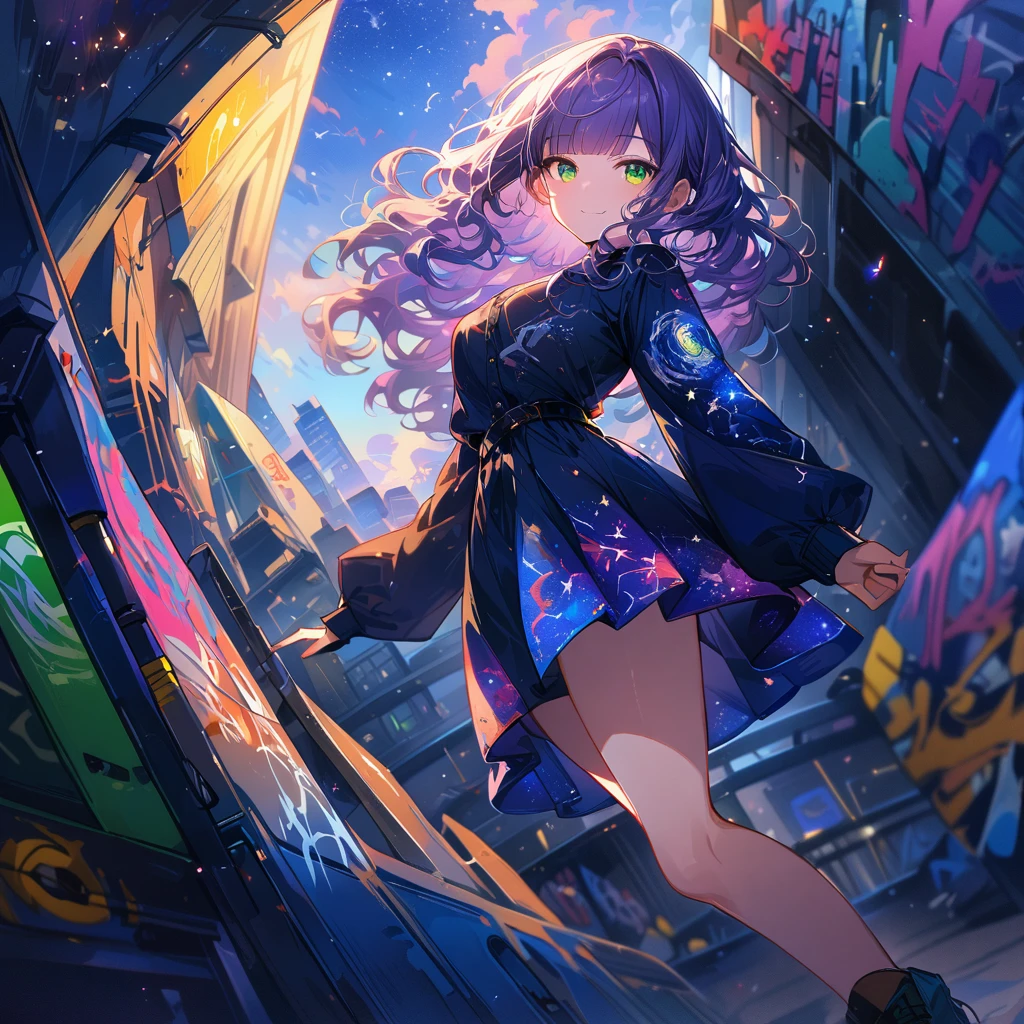 a masterpiece, beautiful eyes, a beautiful face, beautiful depiction, details, solid blue Skyscrapers background, ultra detailed, 8K, Dark blue night sky, pale-purple hair, a dynamic angle, wavy hair blowing in the wind, blunt bangs hair, black and green eyes, full body shot, A starry sky, a gentle smile, Graffiti art, dimly lit underpass, light coming from behind her, look at viewer,