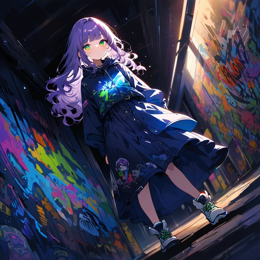 a masterpiece, beautiful eyes, a beautiful face, beautiful depiction, details, solid blue Skyscrapers background, ultra detailed, 8K, Dark blue night sky, pale-purple hair, a dynamic angle, wavy hair blowing in the wind, blunt bangs hair, black and green eyes, full body shot, A starry sky, a gentle smile, Graffiti art, dimly lit underpass, light coming from behind her, look at viewer, 