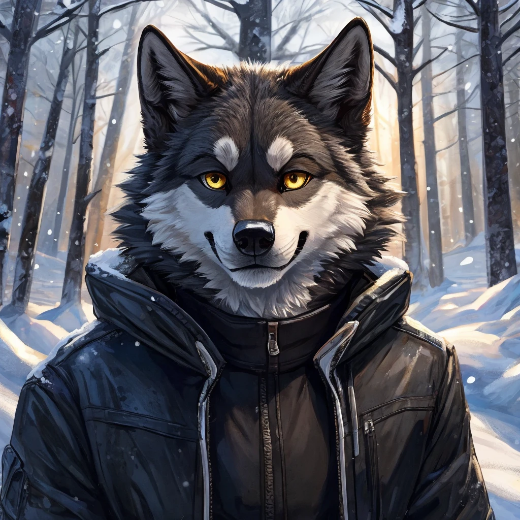 
there is a gray wolf with yellow eyes, he is wearing a black winter jacket and black pants, he is looking at the camera, he is smiling, he is in a forest on a snowy day