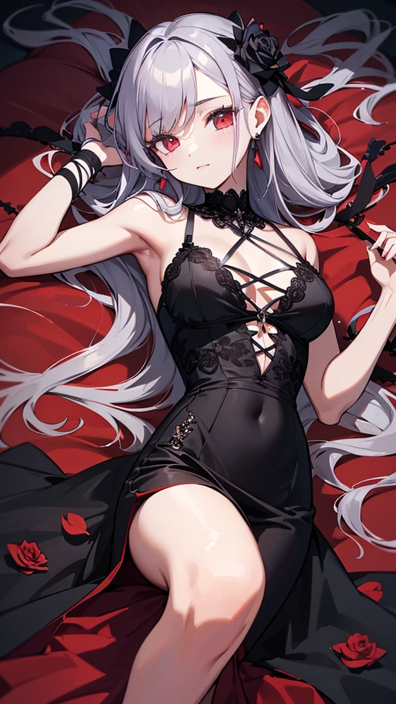 a beautiful young woman, 20 years old, with gray hair and red eyes, lying on a bed covered in black rose petals, a gothic atmosphere, wearing a white dress, black roses blooming all around, high quality, hyper detailed, masterpiece