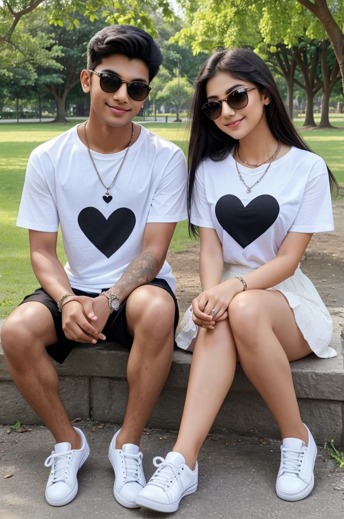 Create 20 years old girl and boy sitting in beautiful Park ground with stylish pose And Making heart with your hands, eyes to eyes contact. girl and Boy wearing black shirt, with name "RIYAZ" write on shirt with white shoes. he is Looking so cute, indian, smiling, neckLace, happy, sungLasses. Beautiful flowers in back, some couple's sitting in back. High quality 4k pictures, full BLaring background