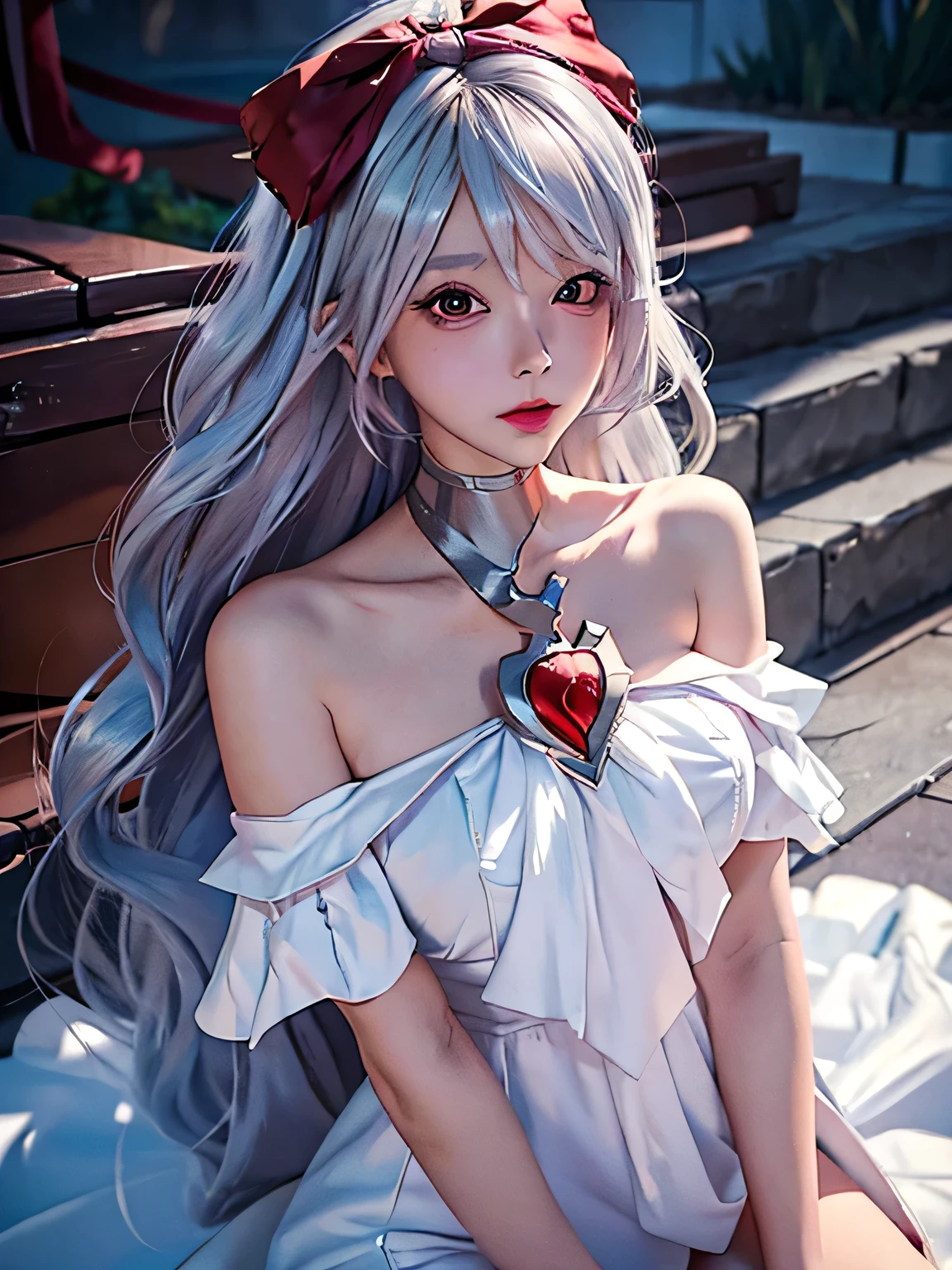 (masterpiece:1.1), (details:1.1), ((1girl)), (8k), medium breasts, long silver hair anime girl, perfect platinum hair girl, sexy anime girl, she platinum haired girl, beautiful anime girl, realistic anime, realistic young anime girl, surreal anime, realistic 3 d anime style, attractive anime girl, smooth anime cg art, girl anime, beautiful anime woman, silver hair, (brown eyes), (red bow), (cute face) ), pink cheeks, (detailed face), (detailed eyes), (looks like sinestrea) Arena of valor), (sinestrea from Arena of valor), (beautiful face), full body shot, white skin, (left eye blue), (right eye brown), (White dress), sitting on the ground, (red bow)