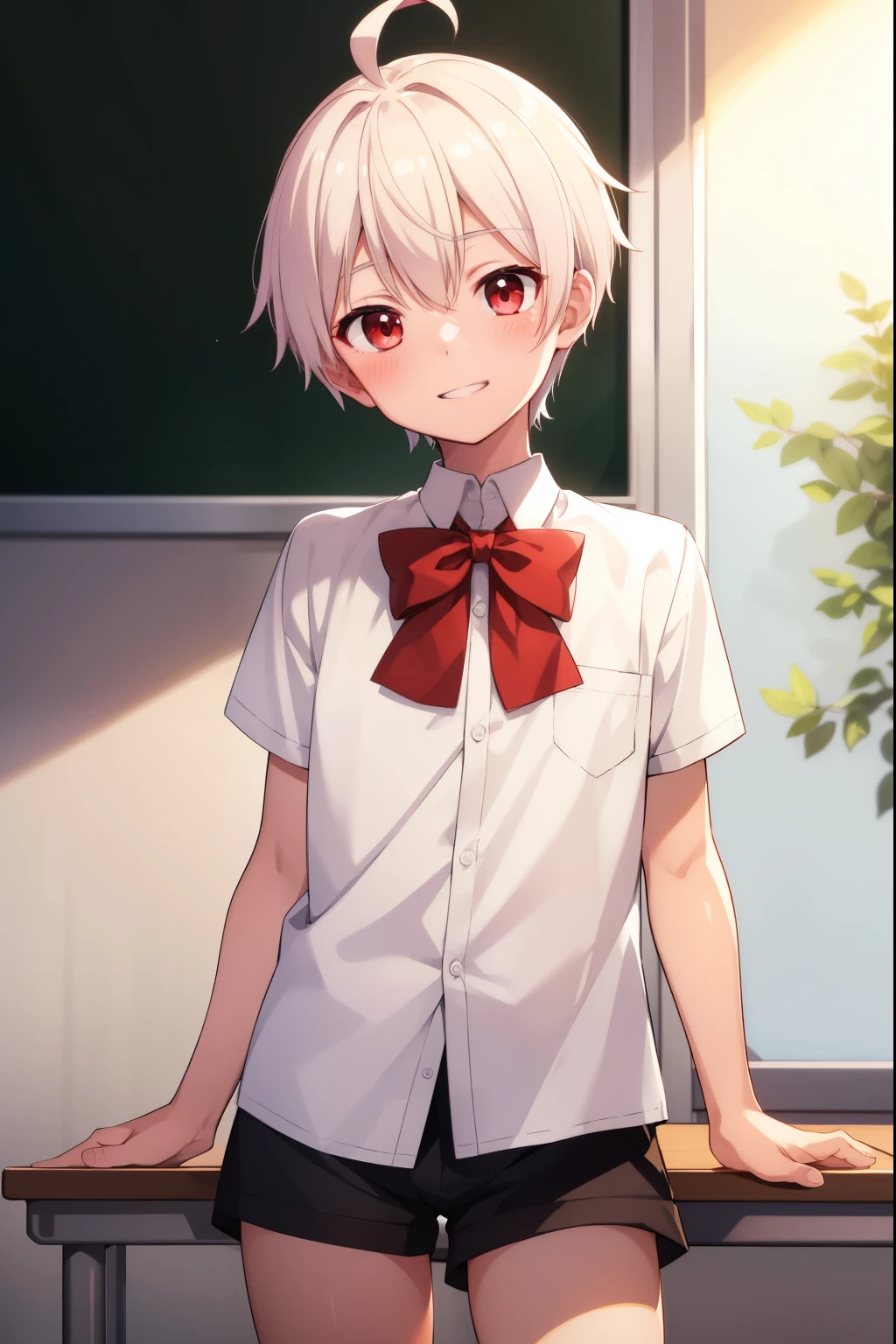 One boy, White short hair,Ahoge,Bright smile,Red eyes,Dress shirt,Shorts,Squint your eyes,Blushing,Looking up, classroom, 
Looking at the audience,
 Highest quality, High resolution, unity 8k wallpaper, Perfect lighting