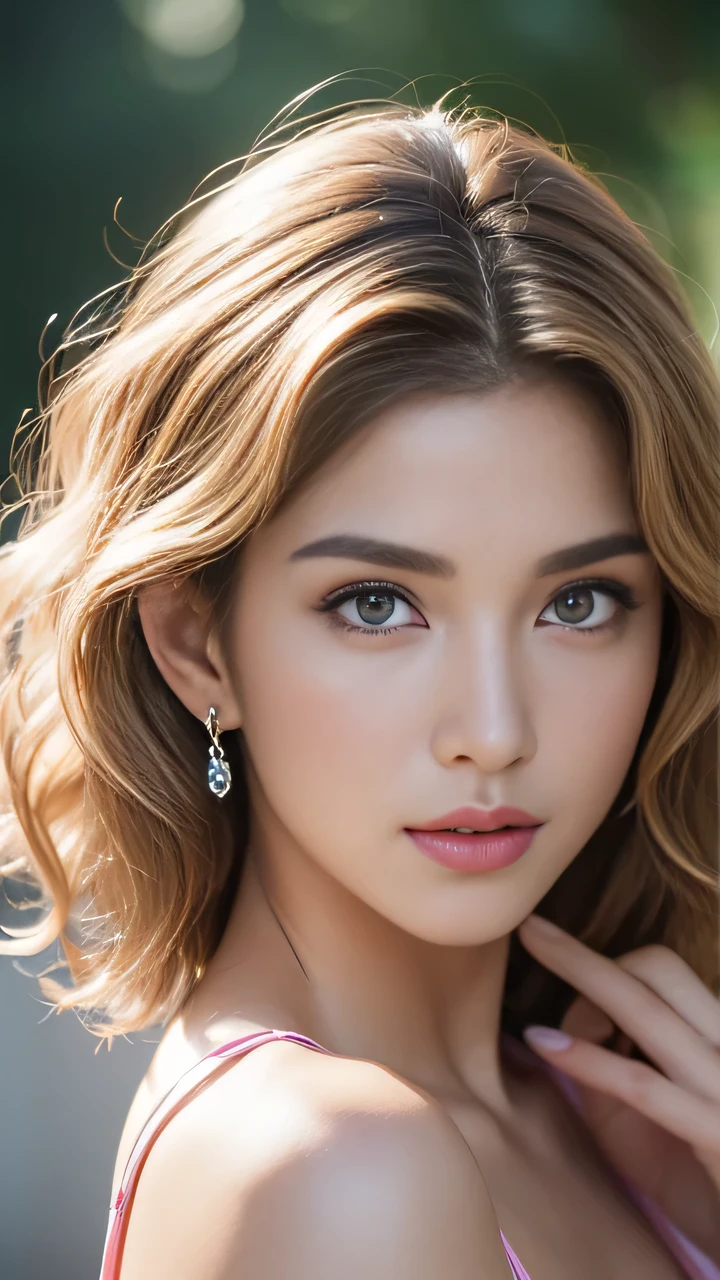 Realistic 16K quality: (((Ultra-high resolution, ridiculous detail quality), realistic Eye, Clear and sharp, Absurd quality, no blurs (perfect round brown_Eye:1.2))), ([long(eyelash)|perfect(Eyehadows)]:[blue|pink]), (Very detailed, Nice little nose:1.2), (perfect composition), Depth of Field, light, lens flare, (Extremely beautiful face, Beautiful lips , Beautiful Eye), (Woman with smooth skin:1.33), ((best high quality real texture hair)), (short blonde, (Wavy, Combing it up, behind ear), Extremely detailed:1.3)), most beautiful artwork photo in the world, Professional Majestic (photography：Steve McCurry), 8k Ultra HD, digital SLR camera, Soft light, high quality, Fuji XT3 Clear focus, f 5.6, dramatic, (Anatomically correct perfect proportions), ((perfect hands:1.2)), (Super beautiful face: 1.33), ((perfect female body:1.4)),